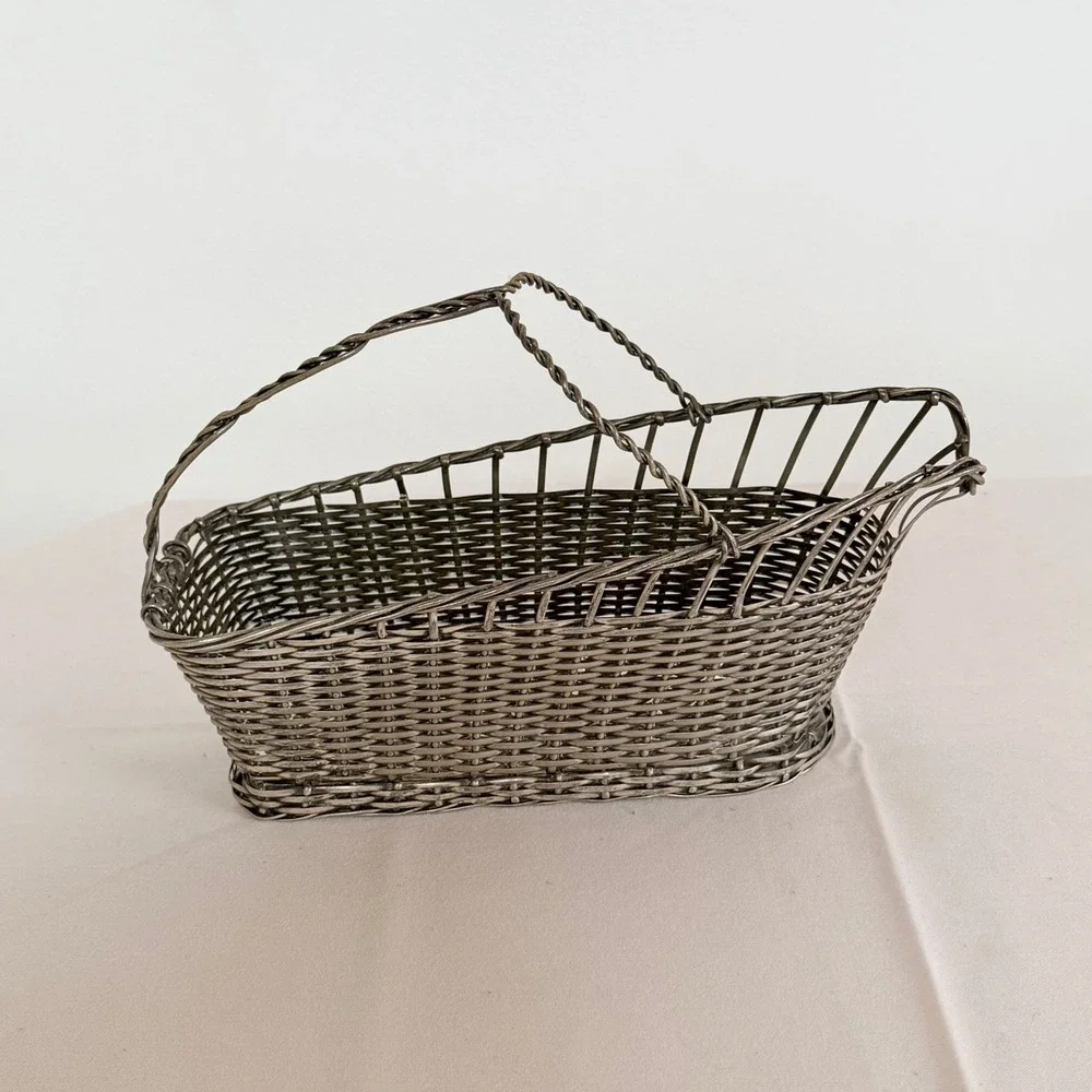 Vintage Silver Metal Woven Wine Bottle Cradle Basket Twisted Handle Pourer